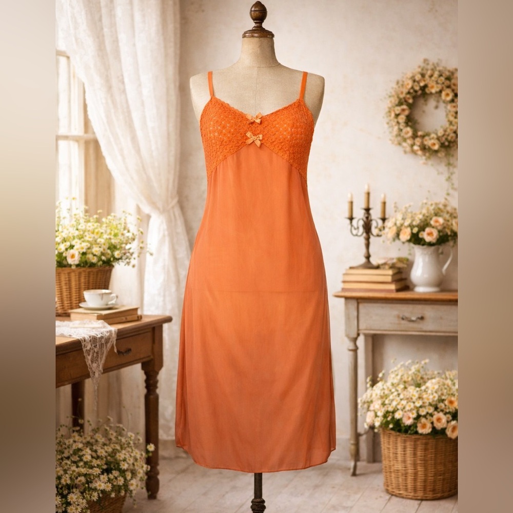Vintage 1970s Dorothy Perkins Orange Nylon, Ruffle Bow Slip